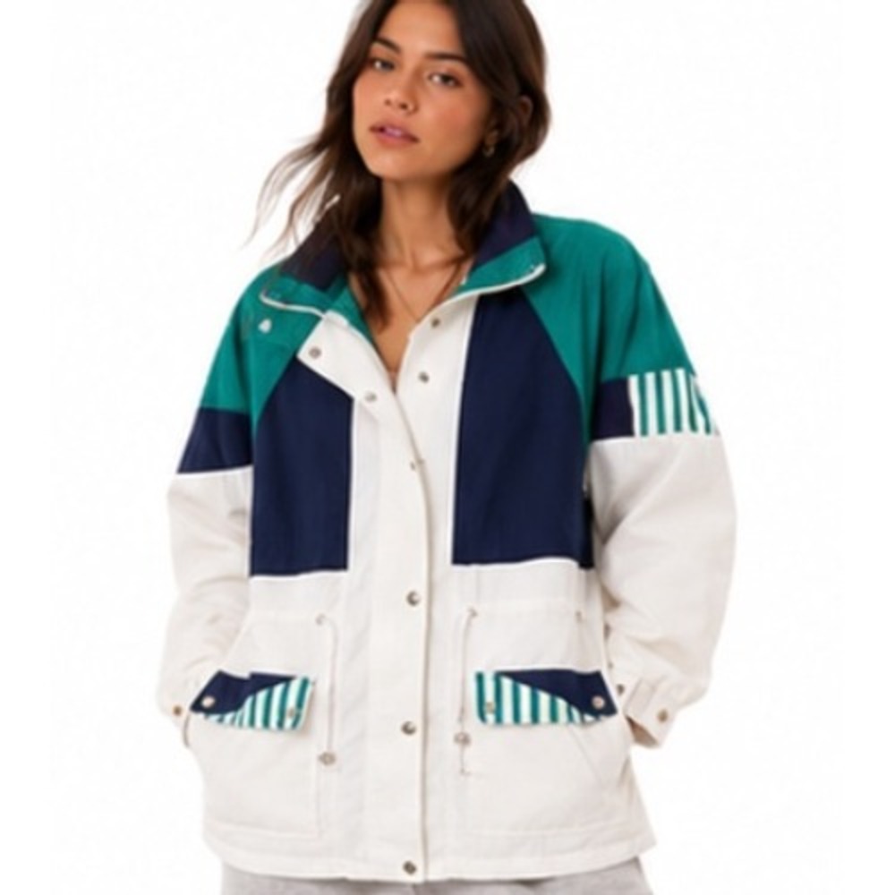 Current Seen 90s Vintage Colorblock Windbreaker Jacket L White Teal Navy Striped